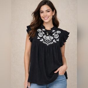 Knox Rose Black Embroidered Boho Flutter Sleeve Peasant Top XS Tassel Tie Back